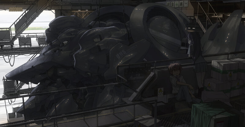 Mech in a hangar with two girls