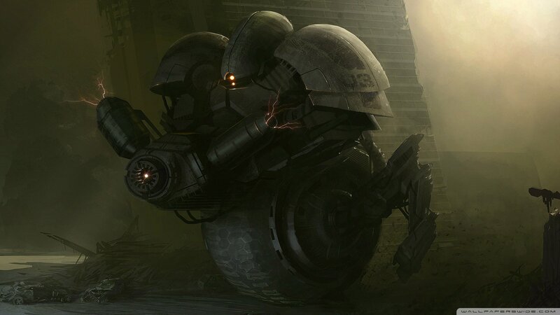 mech in a ruined city