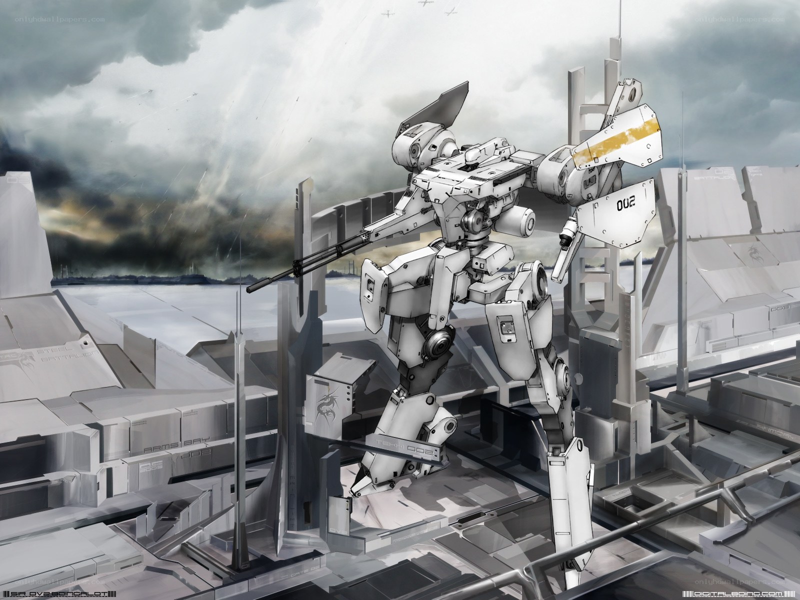 mech in a war-torn city