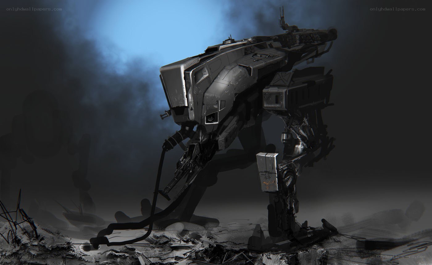 mech in a war-torn landscape