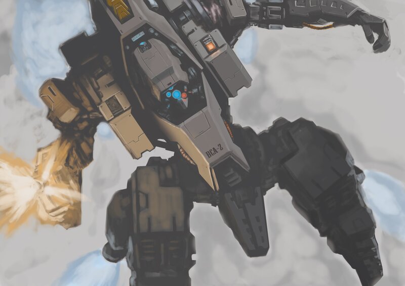 mech in cloudy sky