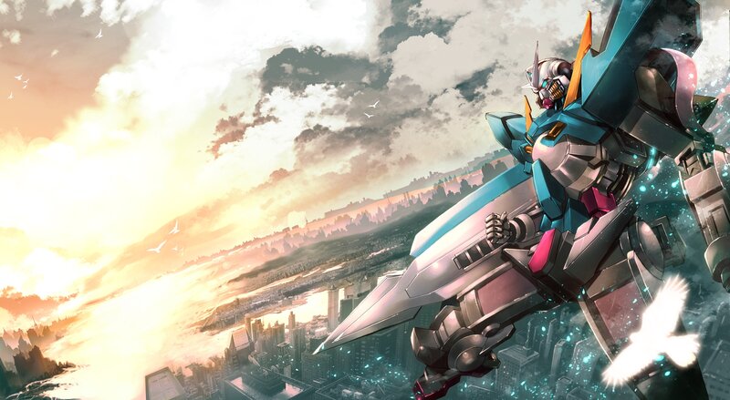 Mech in Flight over City — Blue, Dramatic, Sunset
