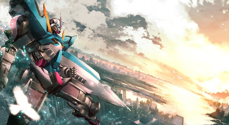 Mech in Flight over City — Blue