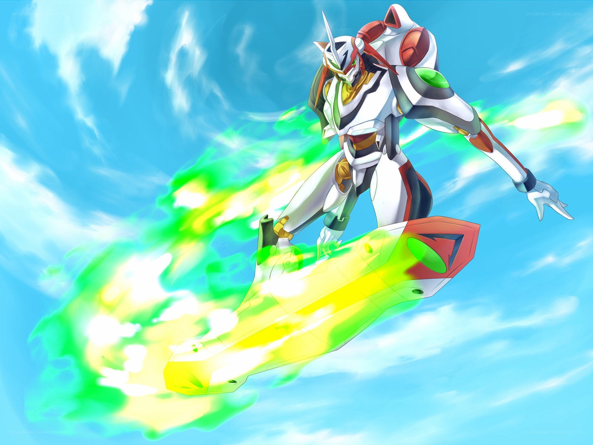 mech in flight with energy trail