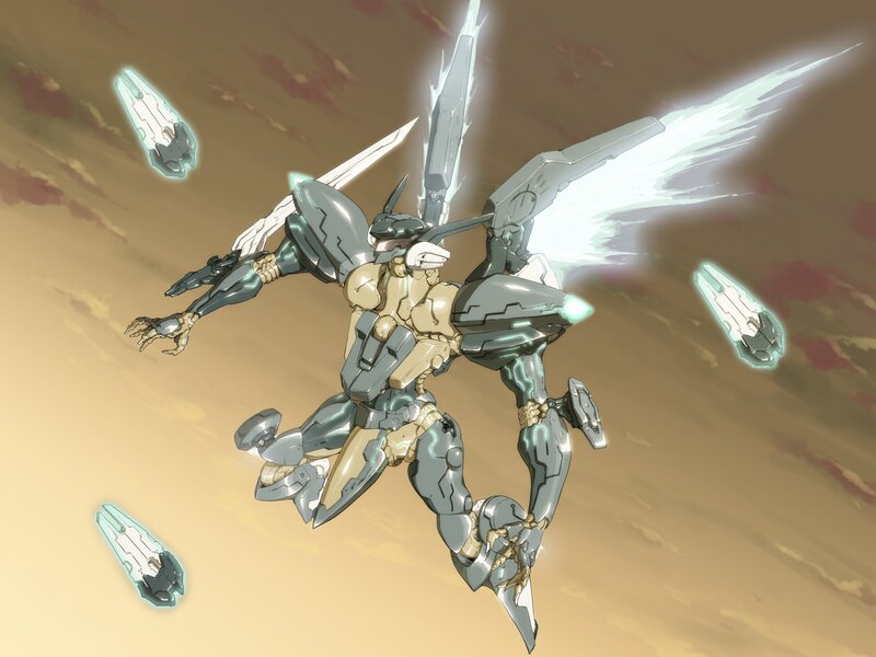 mech in flight with weapons