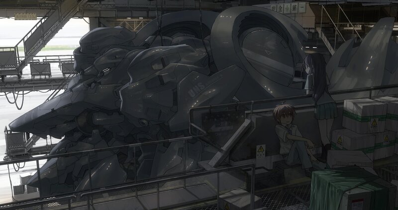Mech in hangar with two girls