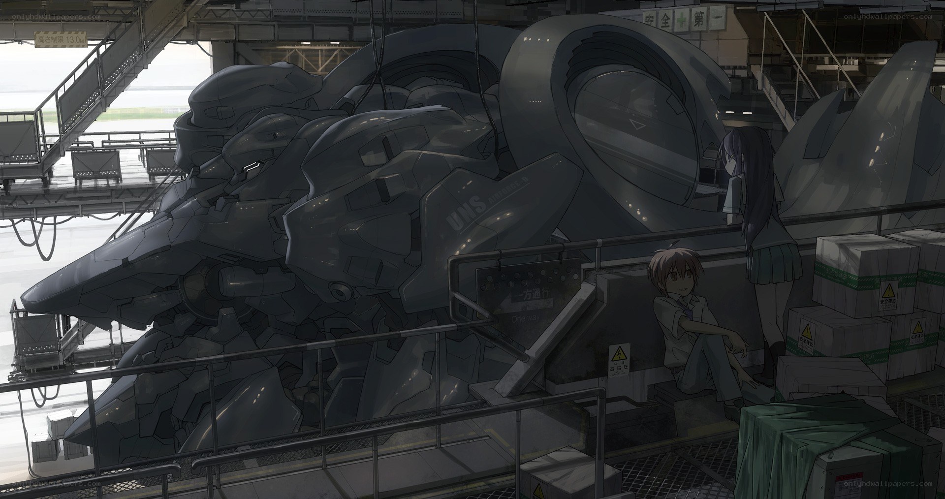 Mech in hangar with two girls