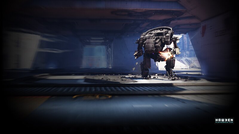 Mech in Industrial Corridor — Blue