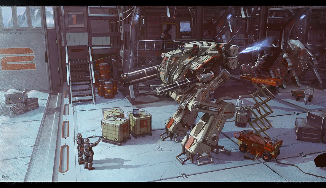 Mech in industrial hangar