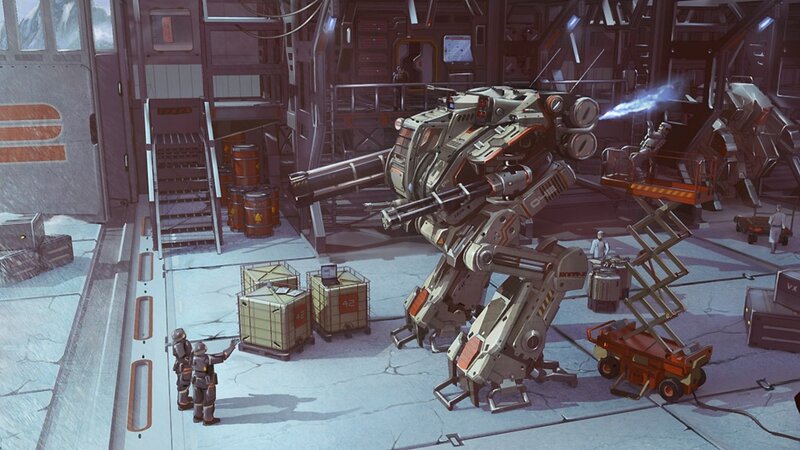 Mech in Industrial Hangar — Gray