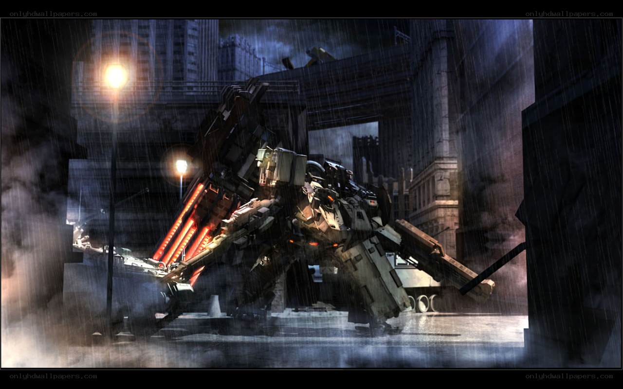 mech in rainy city