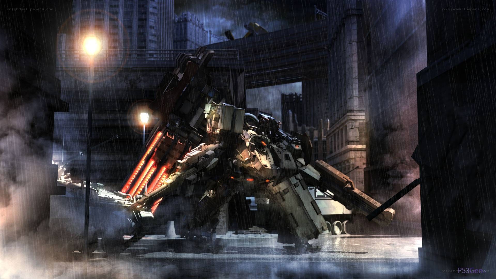 mech in rainy city