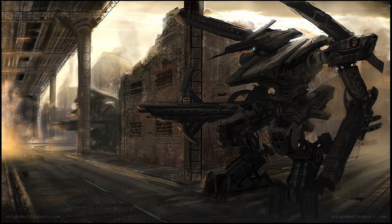 mech in ruined city