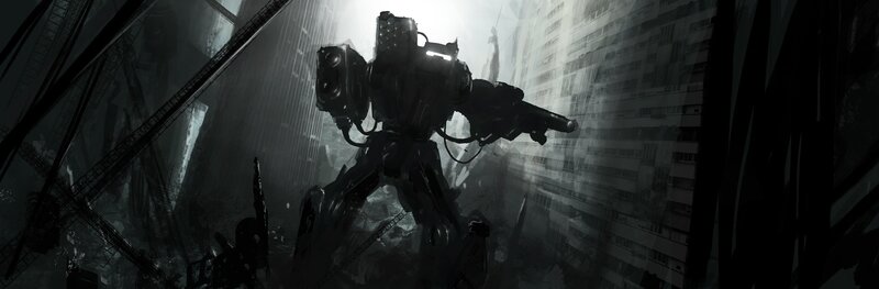 Mech in Ruined City — Black, Dramatic, Digital Art