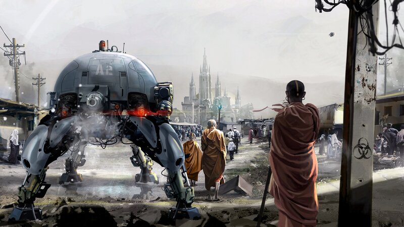 Mech in Ruined City — Gray, Dramatic, Digital Art
