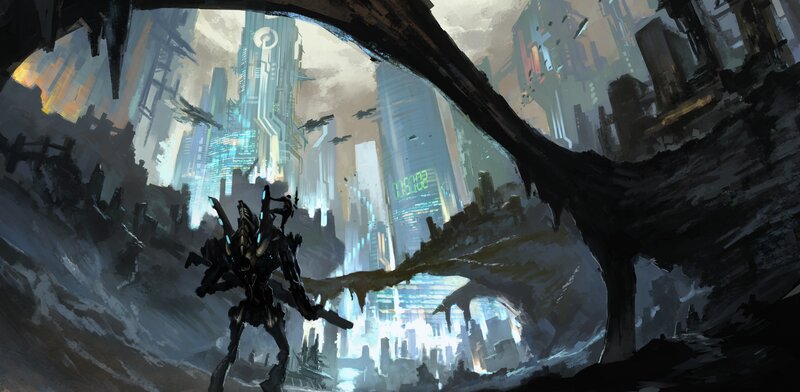 Mech in Ruined City — Gray, Dramatic
