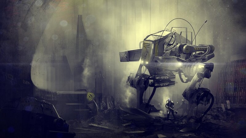 Mech in Ruined City — Gray