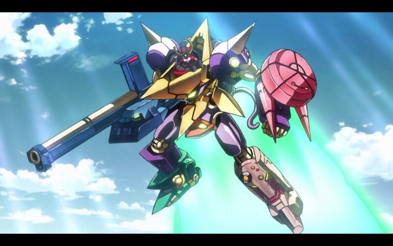 mech in sky with weapon