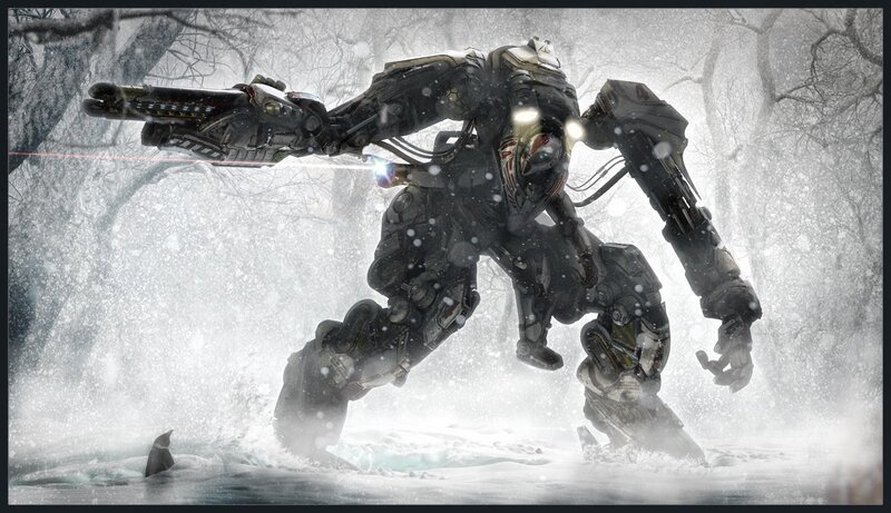 Mech in Snowy Forest — White