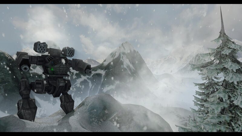 mech in snowy mountains