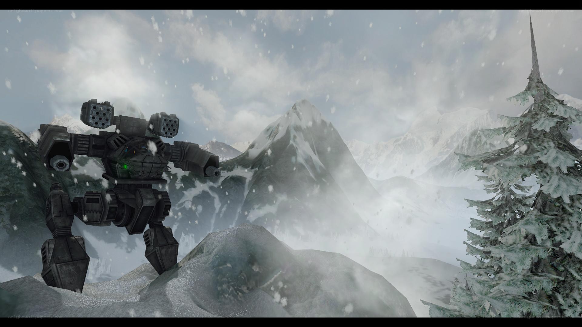 mech in snowy mountains
