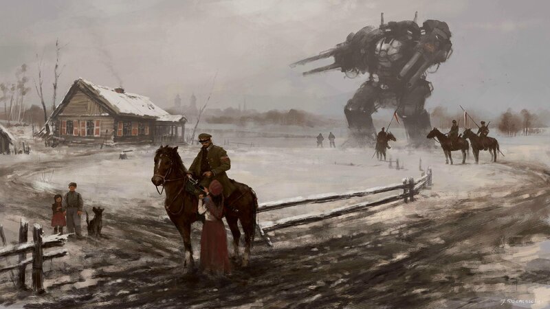 Mech in Snowy Village