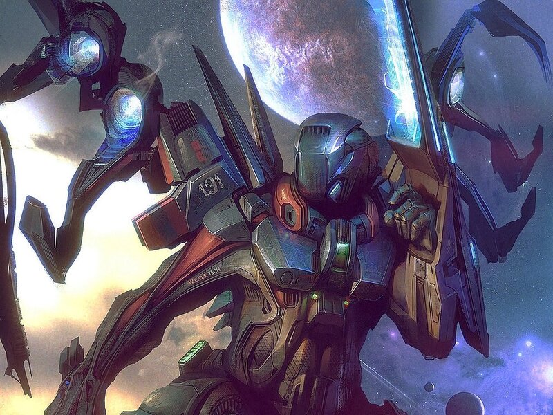 Mech in Space — Blue, Dramatic, Night