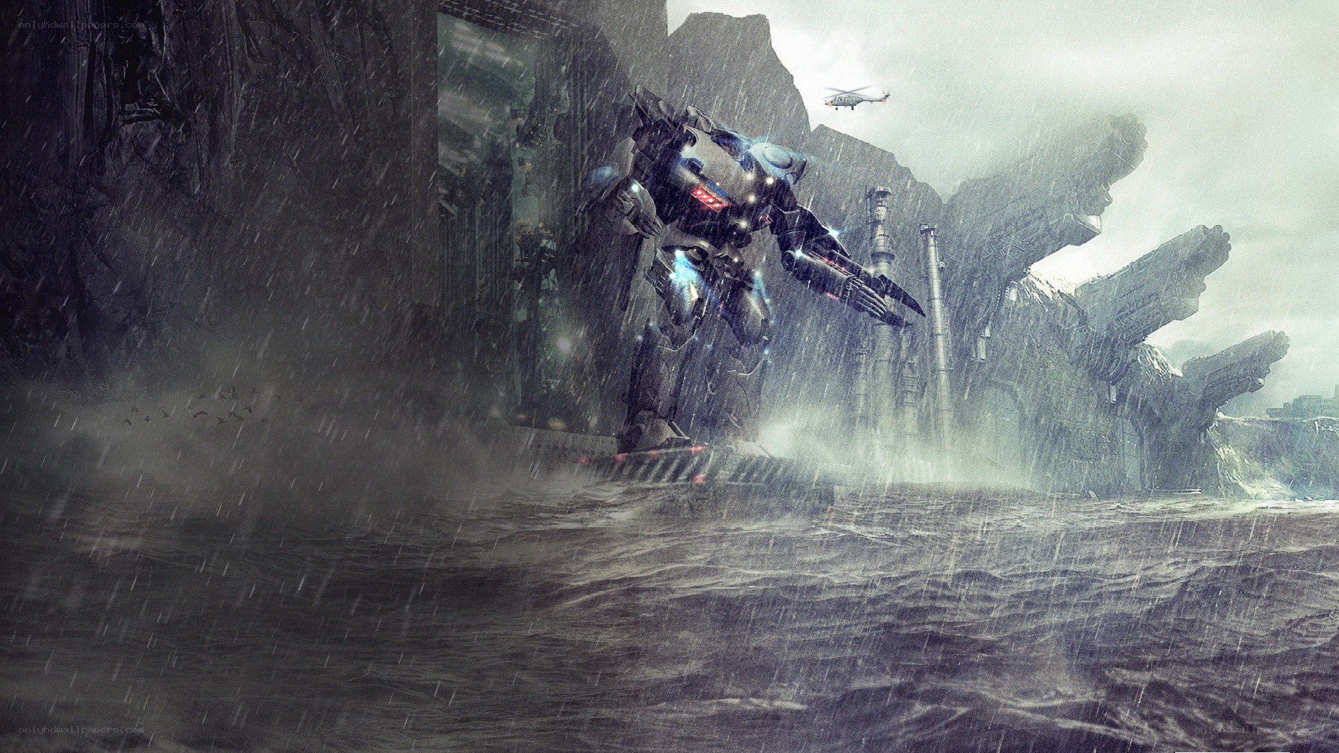 mech in stormy water
