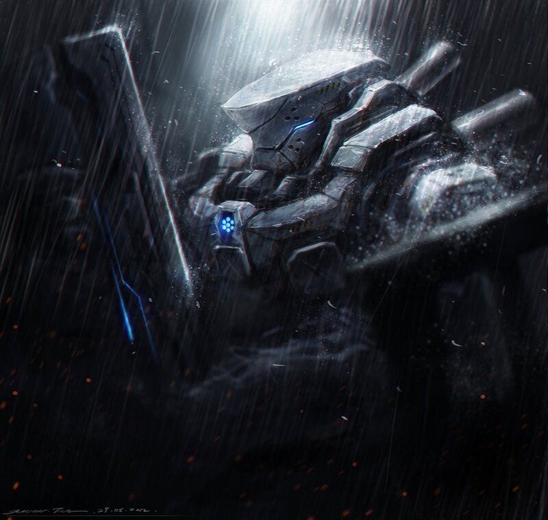 mech in the rain