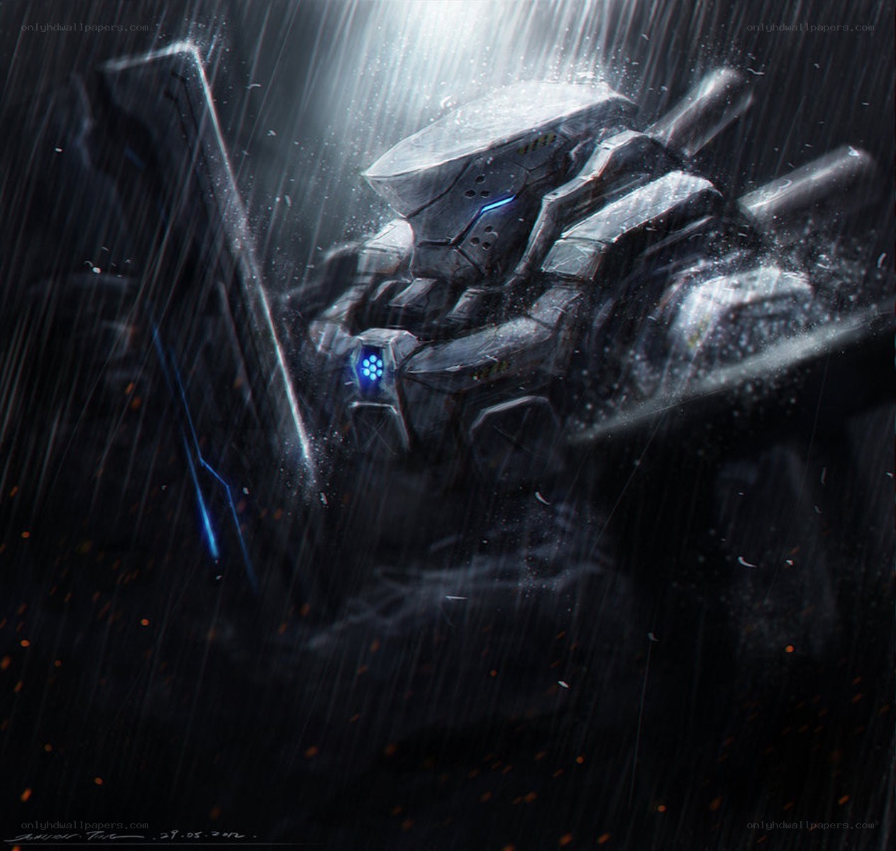 mech in the rain