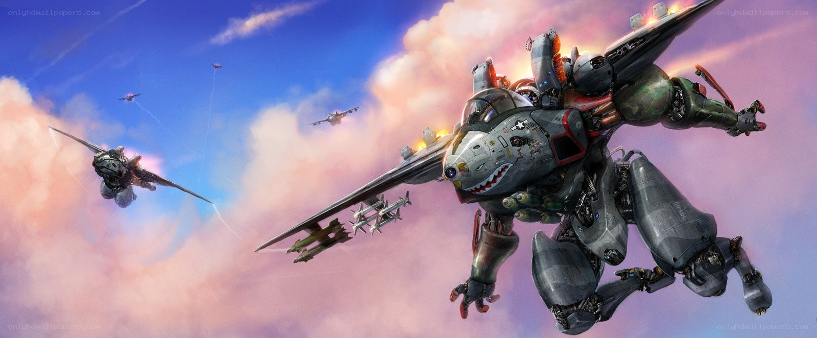 mech jets in sky battle
