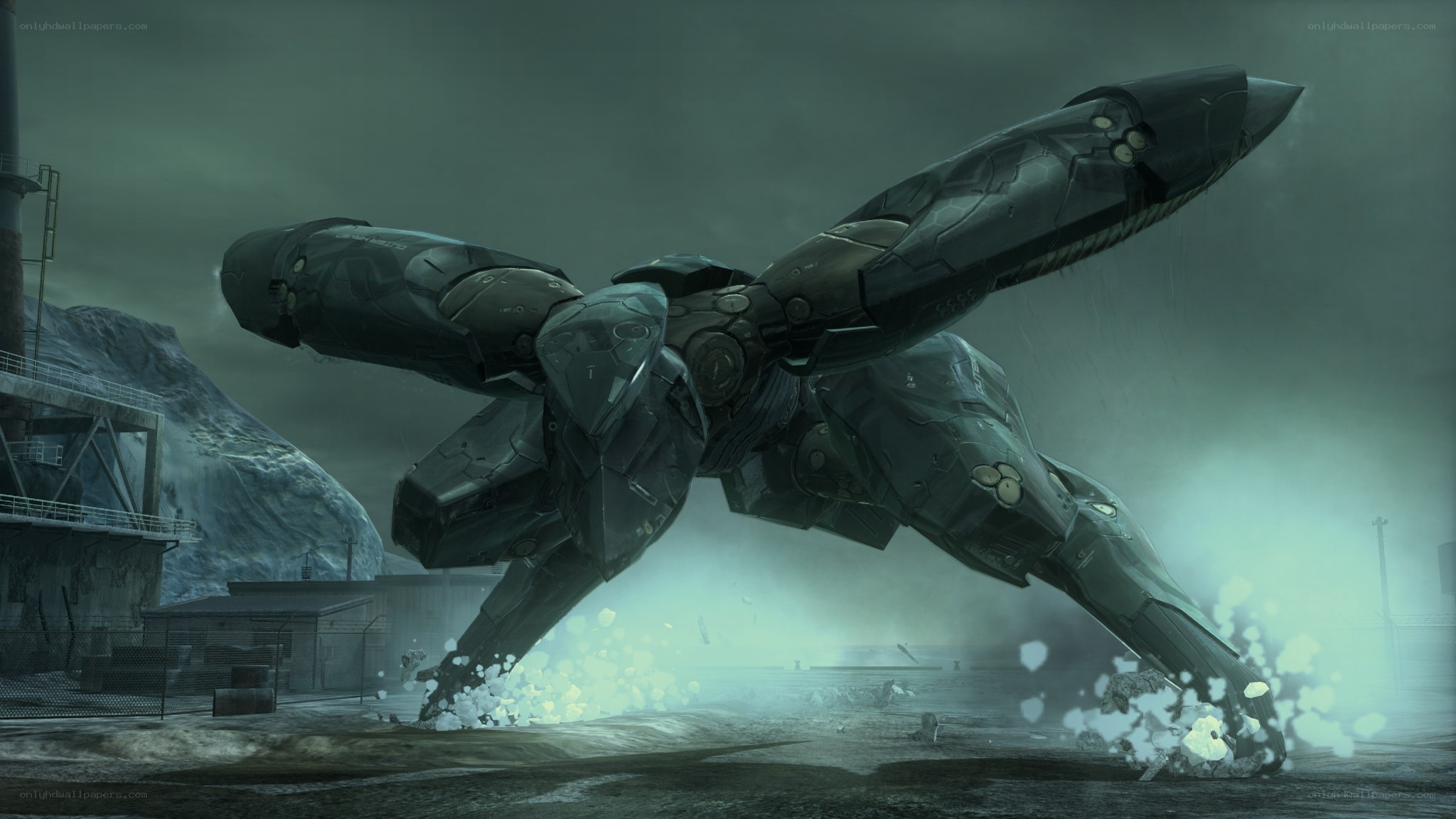 mech landing in snowy landscape
