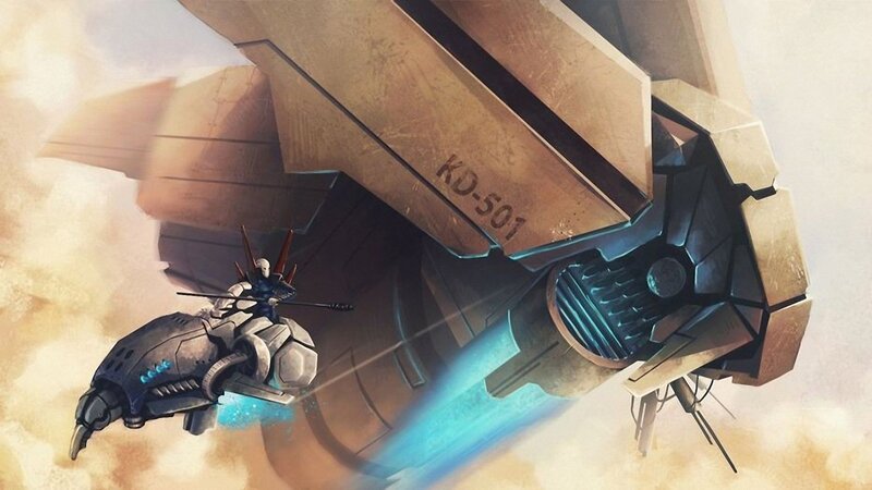 mech pilot attacks large ship