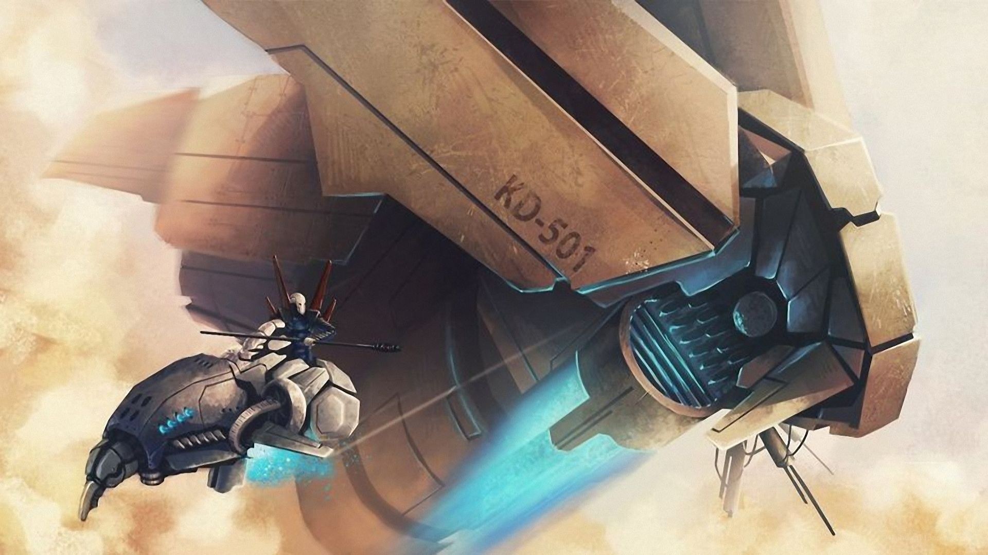 mech pilot attacks large ship
