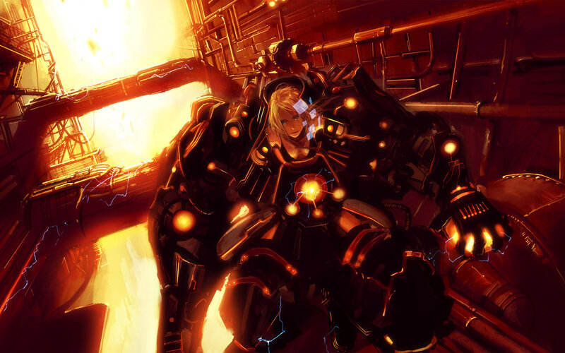 mech pilot in fiery factory