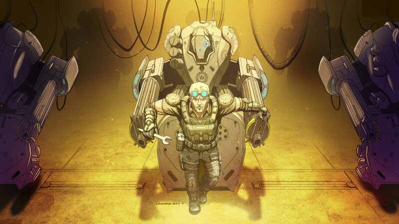 mech pilot in loading bay