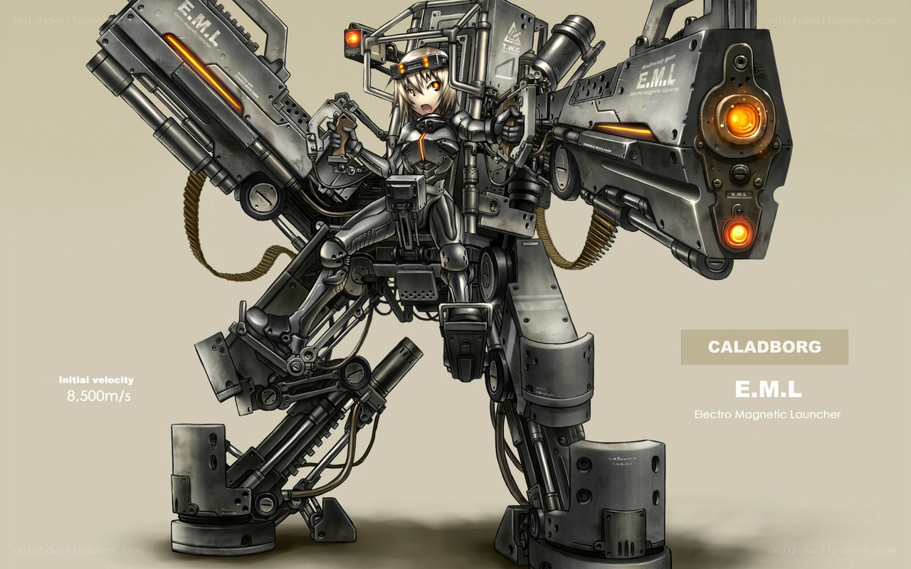 mech pilot with electromagnetic launcher