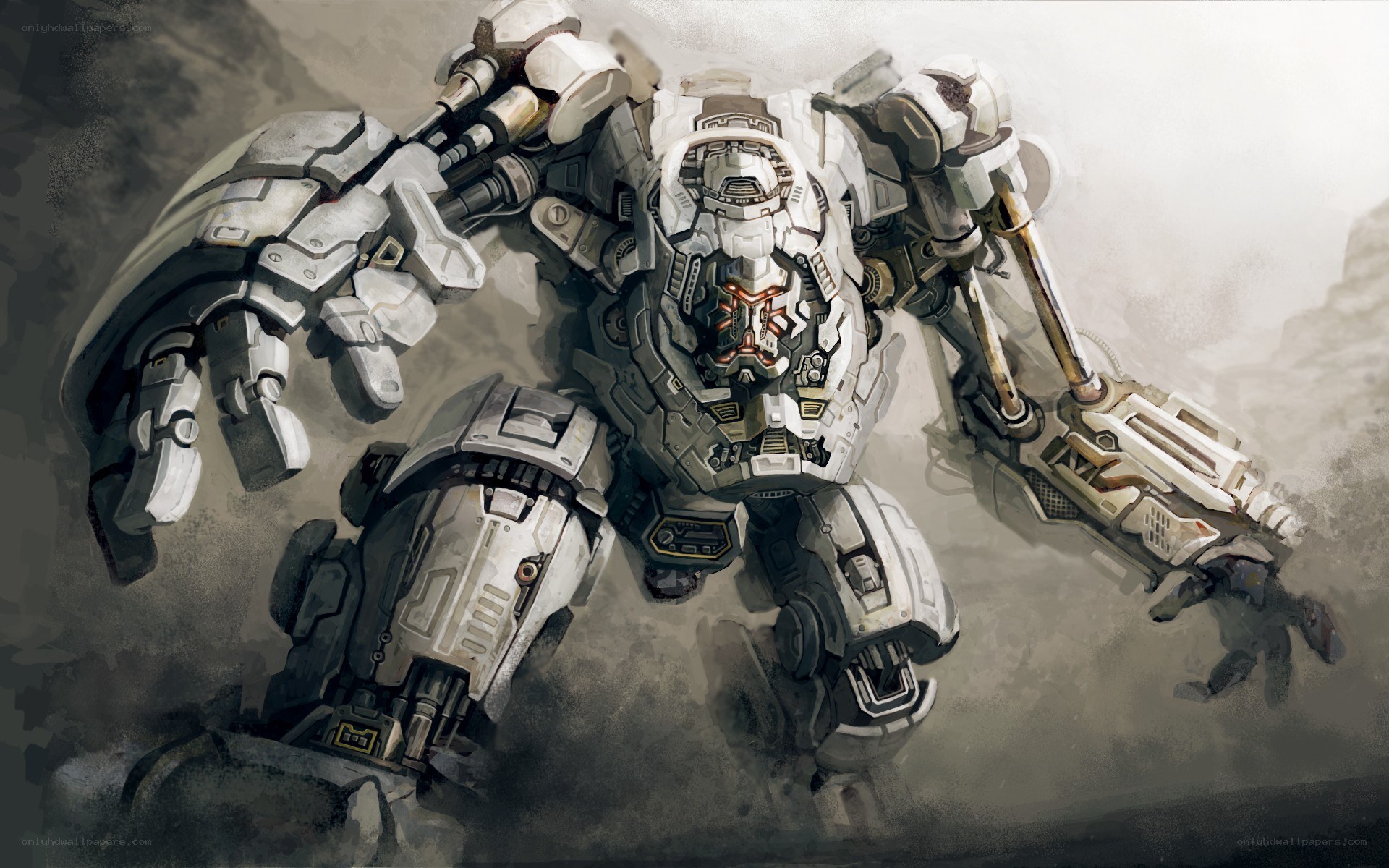 mech robot in dusty environment