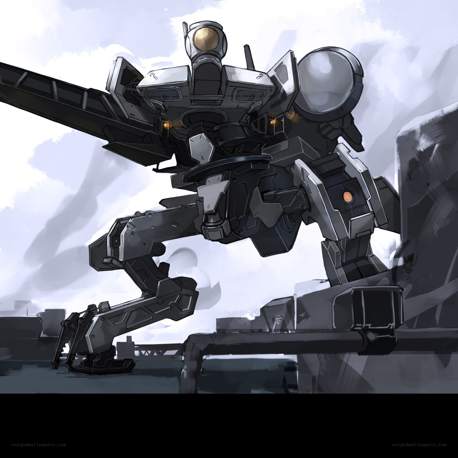 mech robot standing on ruins