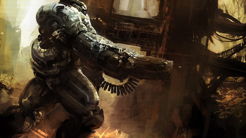 mech soldier in ruined city