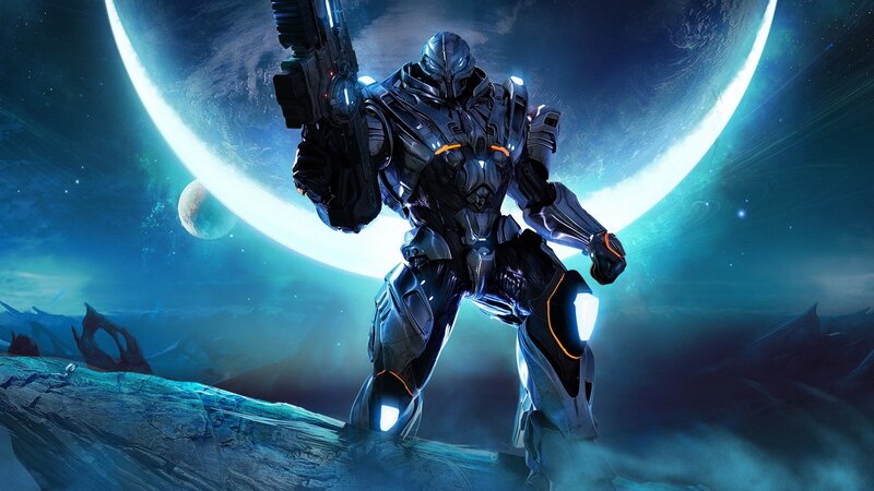 Mech Soldier on Alien Planet — Blue, Dramatic, Night