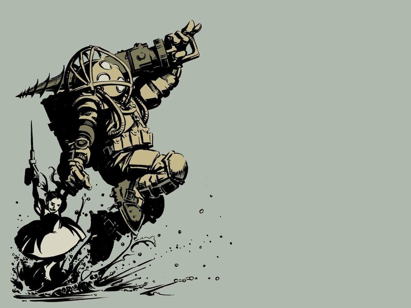 mech soldier with child in water