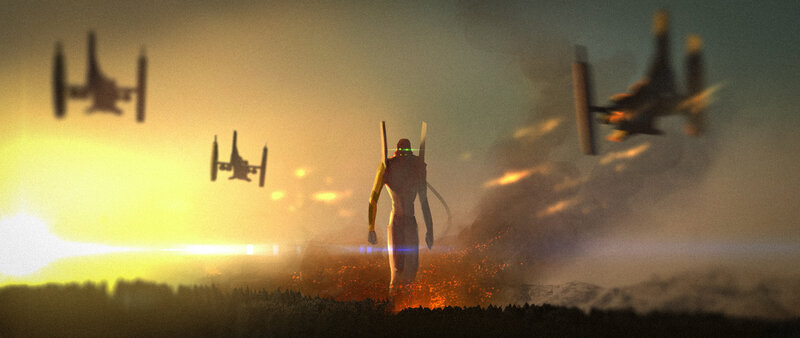 Mech Standing in Fire
