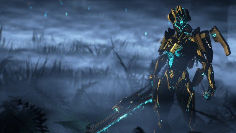 Mech Suit Warrior — Blue, Dark, Dramatic