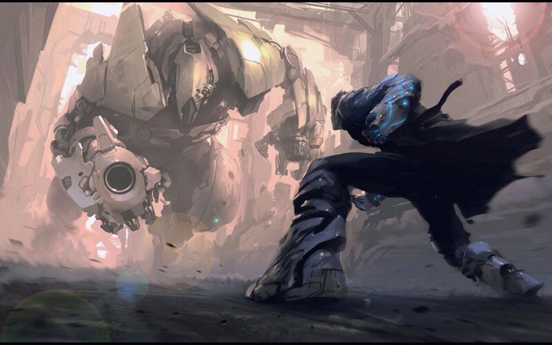 Mech Vs Soldier — Gray, Dramatic