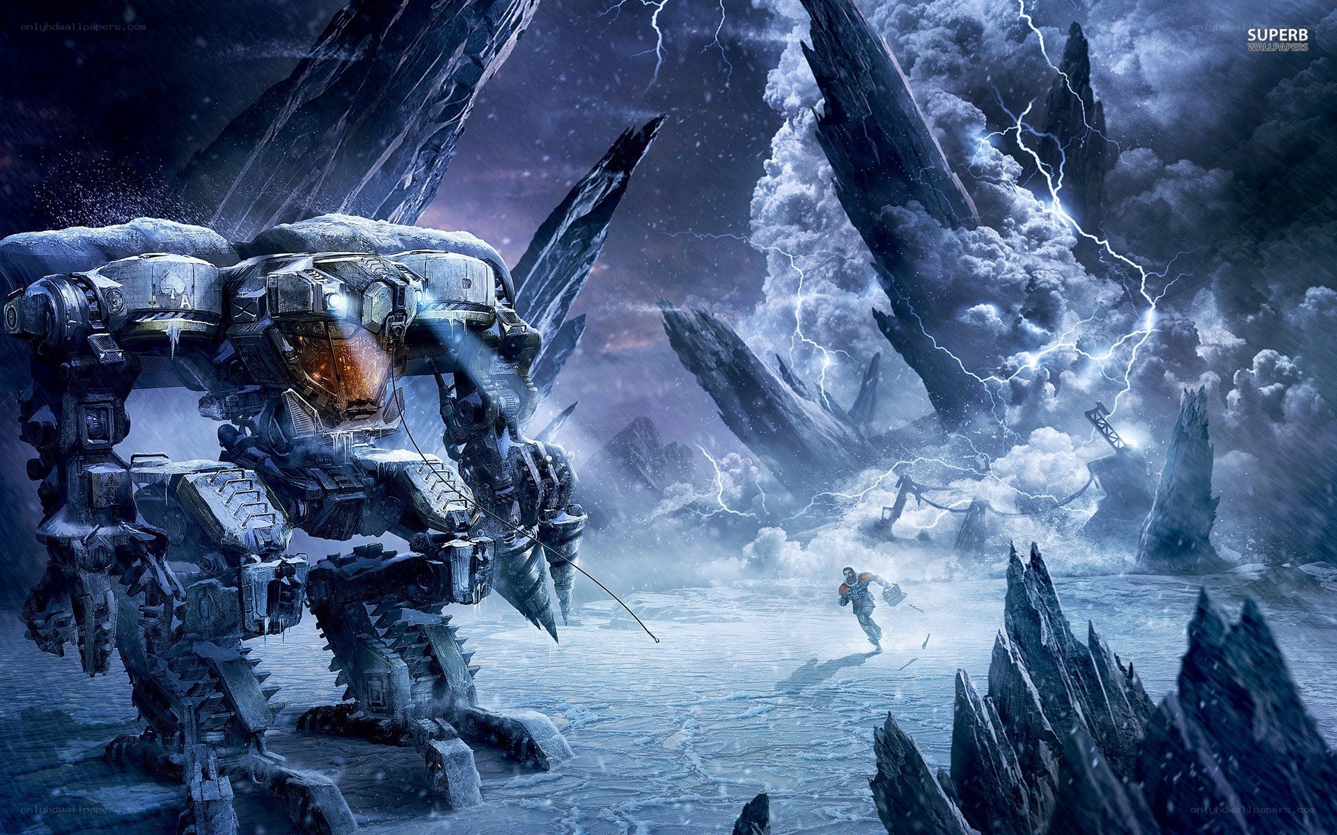 mech vs soldier in storm