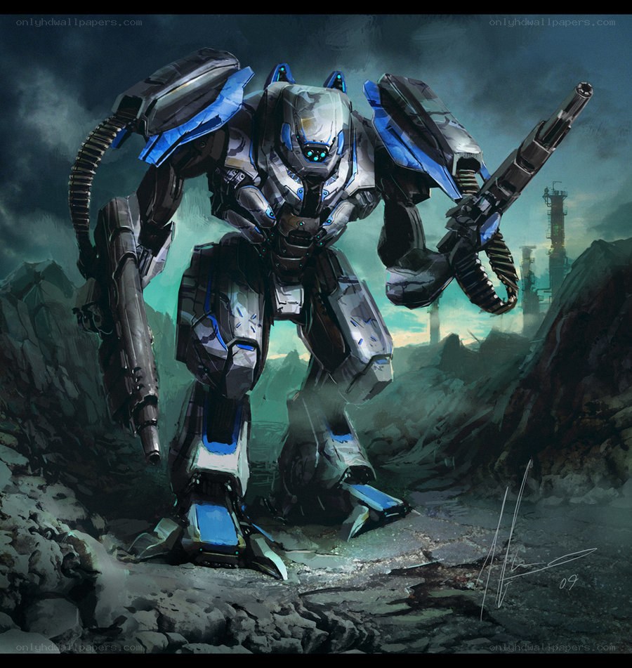 mech warrior in rocky landscape