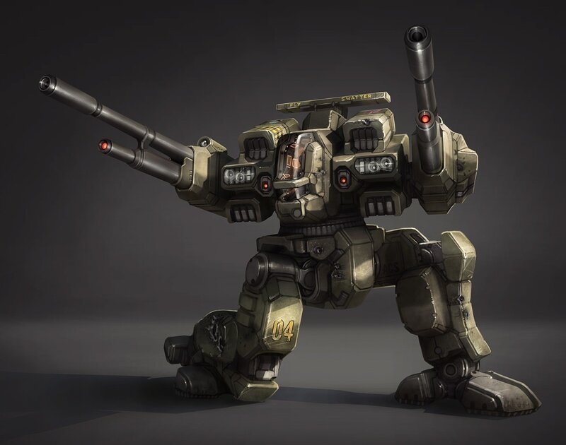Mech with Dual Cannons — Gray, Dramatic