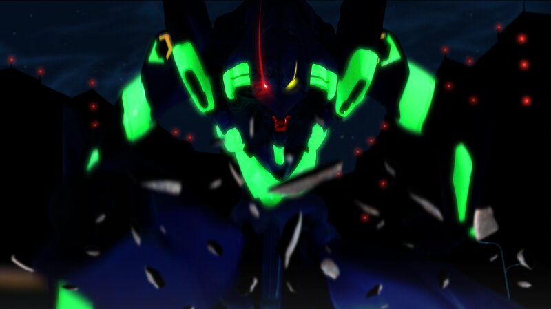 Mech with Glowing Green Lights — Dramatic