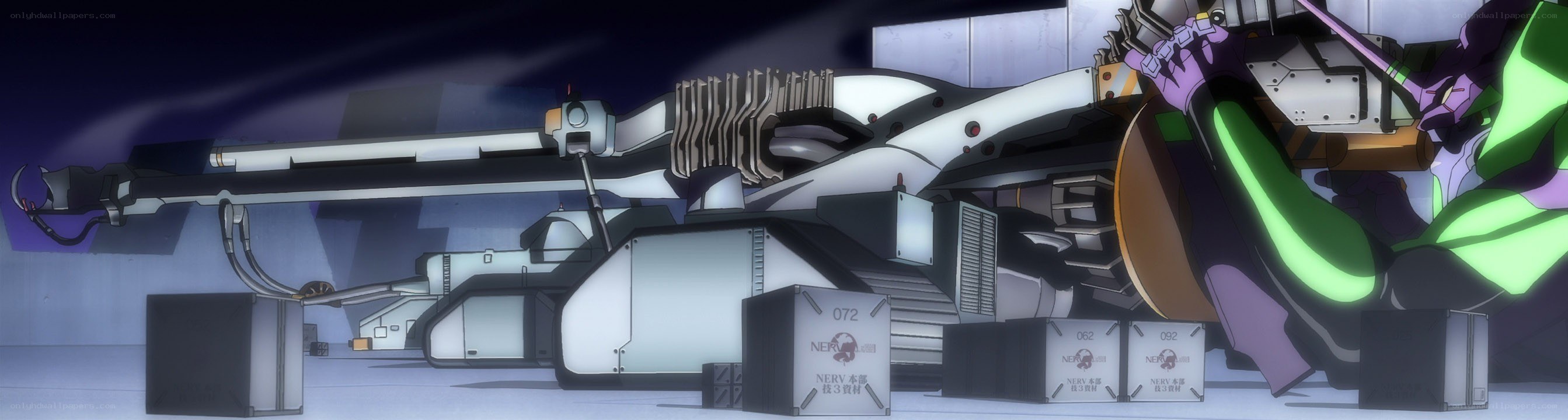 mech with large weapon in hangar